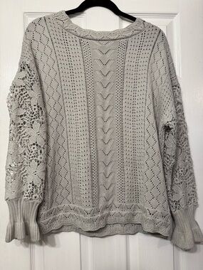 Light Grayish Blue Crochet Sleeve Knit Sweater - Women